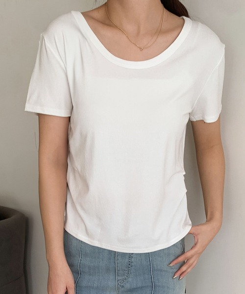 LOWO(ロワ)の「サイドタックUネックTシャツ カットソー(Tシャツ/カットソー・レディース・ブルー/ブラック/カーキ/モカ/ホワイト/ブラウン/ピンク・FREE)」の12枚目の写真