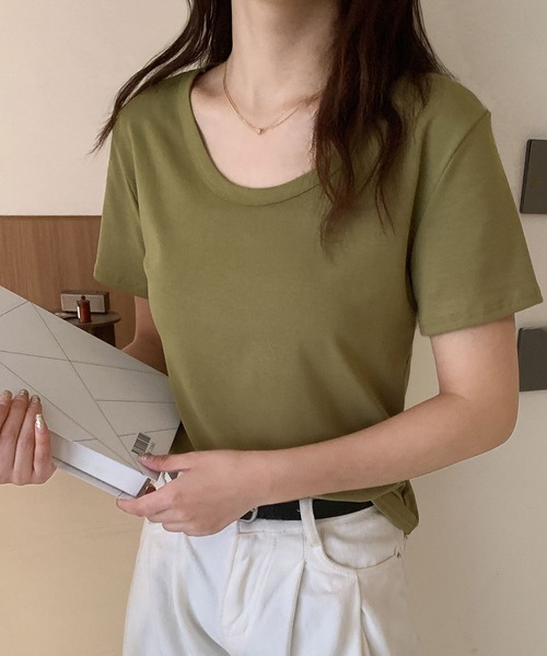 LOWO(ロワ)の「サイドタックUネックTシャツ カットソー(Tシャツ/カットソー・レディース・ブルー/ブラック/カーキ/モカ/ホワイト/ブラウン/ピンク・FREE)」の13枚目の写真