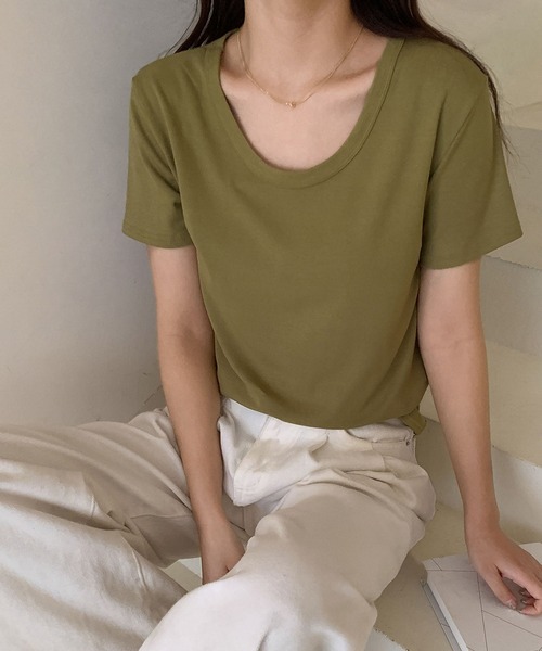 LOWO(ロワ)の「サイドタックUネックTシャツ カットソー(Tシャツ/カットソー・レディース・ブルー/ブラック/カーキ/モカ/ホワイト/ブラウン/ピンク・FREE)」の14枚目の写真