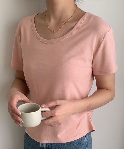 LOWO(ロワ)の「サイドタックUネックTシャツ カットソー(Tシャツ/カットソー・レディース・ブルー/ブラック/カーキ/モカ/ホワイト/ブラウン/ピンク・FREE)」の17枚目の写真