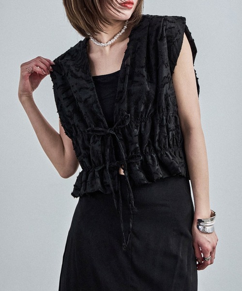 Fashion Letter（ファッションレター）の「フリンジジャガード フロントリボンブラウス（シャツ/ブラウス・レディース・ブラック/アイボリー・M）」の7枚目の写真