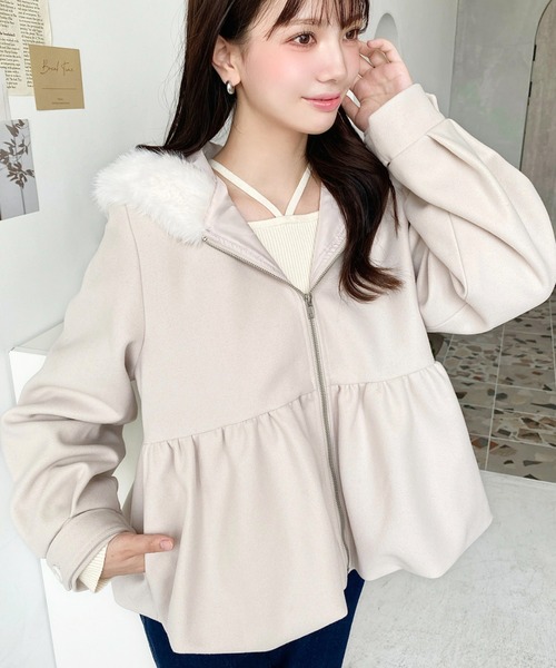 セール】ファーフードペプラムバルーンブルゾン（ブルゾン）｜moment+