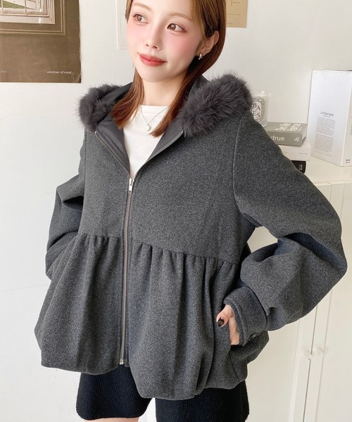 セール】ファーフードペプラムバルーンブルゾン（ブルゾン）｜moment+