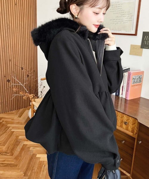 セール】ファーフードペプラムバルーンブルゾン（ブルゾン）｜moment+