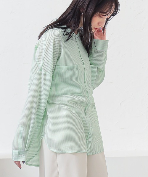 n'OrLABEL(ノアールレーベル)の「『シアーストライプバンドカラーシャツ』(シャツ/ブラウス・レディース・グリーン/ベージュ/ブルー・FREE)」の6枚目の写真