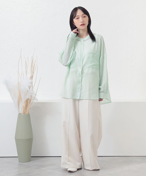n'OrLABEL(ノアールレーベル)の「『シアーストライプバンドカラーシャツ』(シャツ/ブラウス・レディース・グリーン/ベージュ/ブルー・FREE)」の8枚目の写真