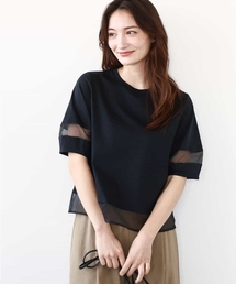 MK MICHEL KLEIN | シアー切替えランタンスリーブカットソー/接触冷感/洗える(Tシャツ/カットソー)