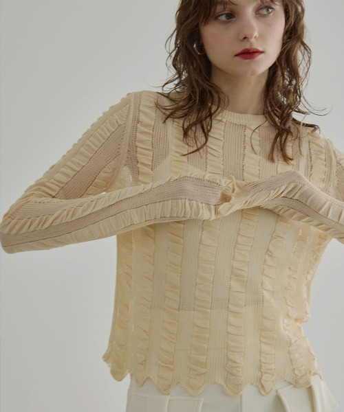 MIELI INVARIANT(ミエリインヴァリアント)の「Shirring Stripe Knit Tops(ニット/セーター・レディース・ブルーグレー/ブラック/クリーム・FREE)」の2枚目の写真