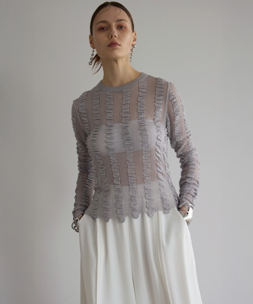 MIELI INVARIANT(ミエリインヴァリアント)の「Shirring Stripe Knit Tops(ニット/セーター・レディース・ブルーグレー/ブラック/クリーム・FREE)」の7枚目の写真