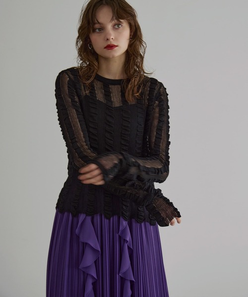 MIELI INVARIANT(ミエリインヴァリアント)の「Shirring Stripe Knit Tops(ニット/セーター・レディース・ブルーグレー/ブラック/クリーム・FREE)」の21枚目の写真