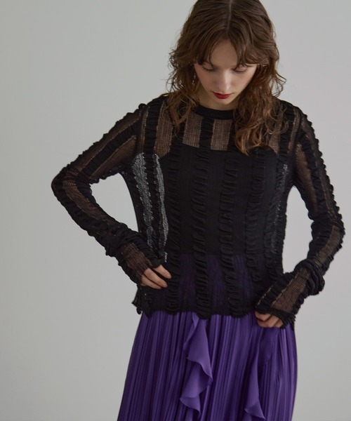 MIELI INVARIANT(ミエリインヴァリアント)の「Shirring Stripe Knit Tops(ニット/セーター・レディース・ブルーグレー/ブラック/クリーム・FREE)」の22枚目の写真
