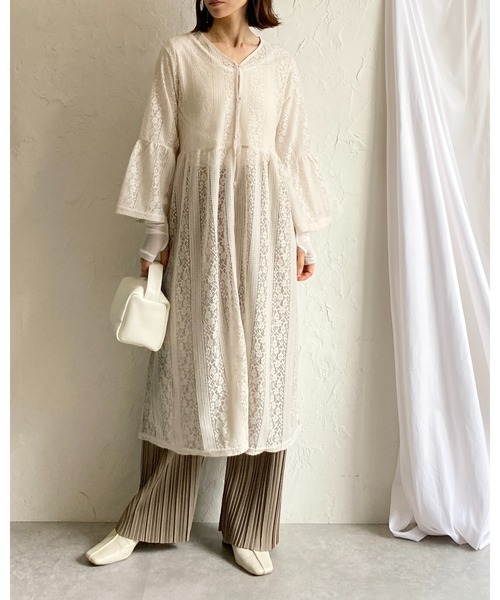 ワンピース Vネック ボリューム袖 カジュアル リゾート ルーズ セール】半端袖ボリュームスリーブ深Vネックロング丈レース