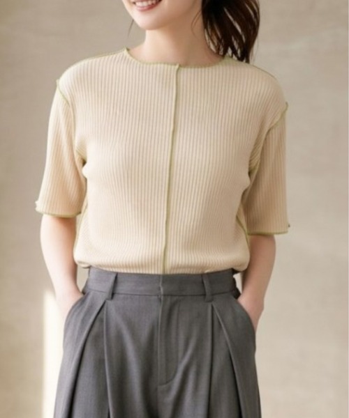 Per sist ence(パーシエンス)の「プリーツメローバイカラー半袖トップス(Tシャツ/カットソー・レディース・アイボリー/ブラック/グレー/ブラウン/ベージュ・ONE SIZE)」の1枚目の写真