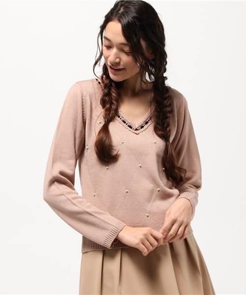 axes femme（アクシーズファム）の「ラメライン入ダイヤ柄プルオーバー（ニット/セーター・レディース・キナリ/ピンク/ブラック・MEDIUM）」の3枚目の写真