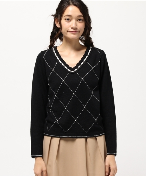 axes femme（アクシーズファム）の「ラメライン入ダイヤ柄プルオーバー（ニット/セーター・レディース・キナリ/ピンク/ブラック・MEDIUM）」の4枚目の写真