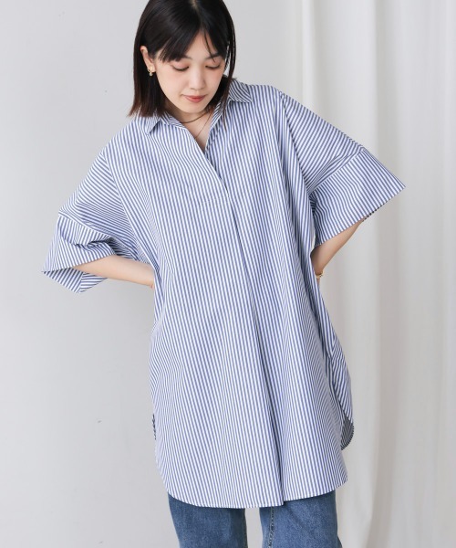 Bou Jeloud（ブージュルード）の「テックコットンオーバーサイズチュニック（チュニック・レディース・オフホワイト/ブルー/キャメル・38）」の4枚目の写真