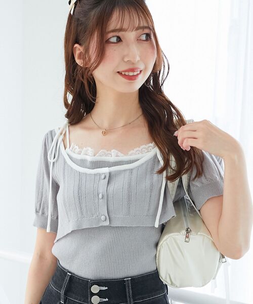 MAJESTIC LEGON（マジェスティックレゴン）の「キャミ＆バイカラークロップドカーデ（カーディガン/ボレロ・レディース・ブラック/グレー/アイボリー・MEDIUM）」の7枚目の写真