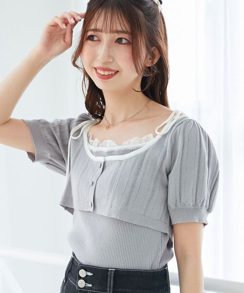 MAJESTIC LEGON（マジェスティックレゴン）の「キャミ＆バイカラークロップドカーデ（カーディガン/ボレロ・レディース・ブラック/グレー/アイボリー・MEDIUM）」の8枚目の写真