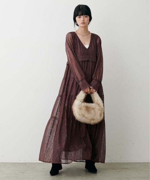 ロングワンピース ブラウン レース切替 長袖 LARUTA（ラルータ）の「【LARUTA】レース切替ロングワンピース