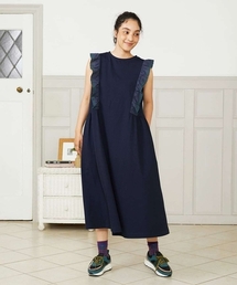 ★ホコモモラ Jocomomola★フロントフリル ブラック ワンピース セール】 Remolino フラワープリントウエスト切り替えワンピース