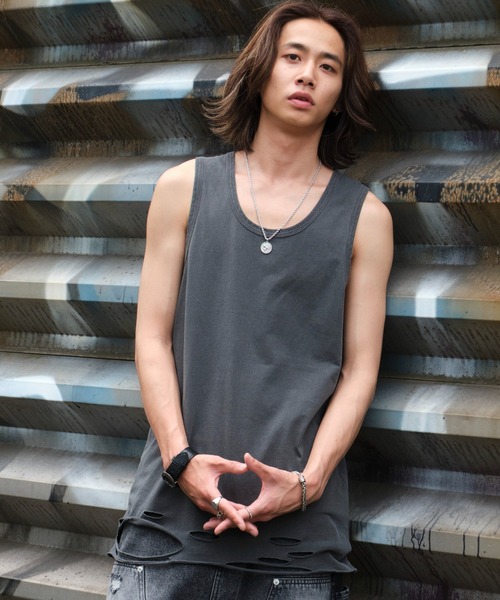 WEGO（ウィゴー）の「WEGO/ダメージタンクトップ（タンクトップ・メンズ・ホワイト/スミクロ/ブラック・LARGE/MEDIUM）」の3枚目の写真