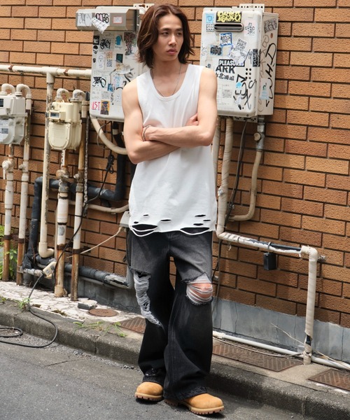 WEGO（ウィゴー）の「WEGO/ダメージタンクトップ（タンクトップ・メンズ・ホワイト/スミクロ/ブラック・LARGE/MEDIUM）」の20枚目の写真