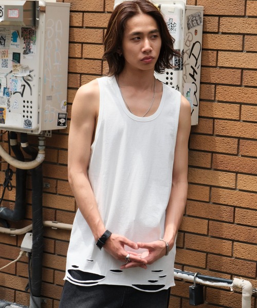 WEGO（ウィゴー）の「WEGO/ダメージタンクトップ（タンクトップ・メンズ・ホワイト/スミクロ/ブラック・LARGE/MEDIUM）」の4枚目の写真