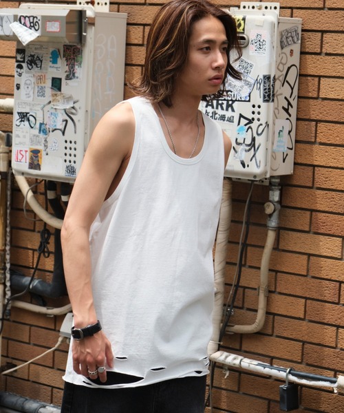 WEGO（ウィゴー）の「WEGO/ダメージタンクトップ（タンクトップ・メンズ・ホワイト/スミクロ/ブラック・LARGE/MEDIUM）」の7枚目の写真