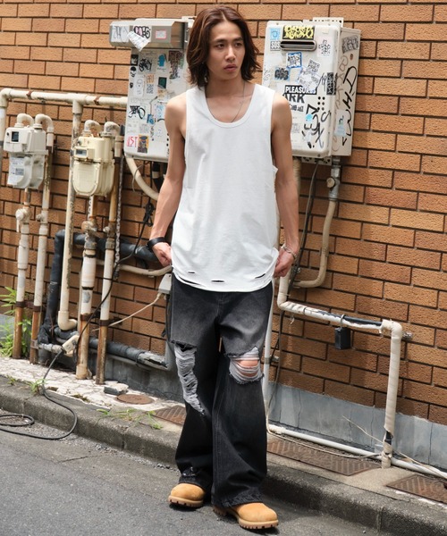 WEGO（ウィゴー）の「WEGO/ダメージタンクトップ（タンクトップ・メンズ・ホワイト/スミクロ/ブラック・LARGE/MEDIUM）」の8枚目の写真