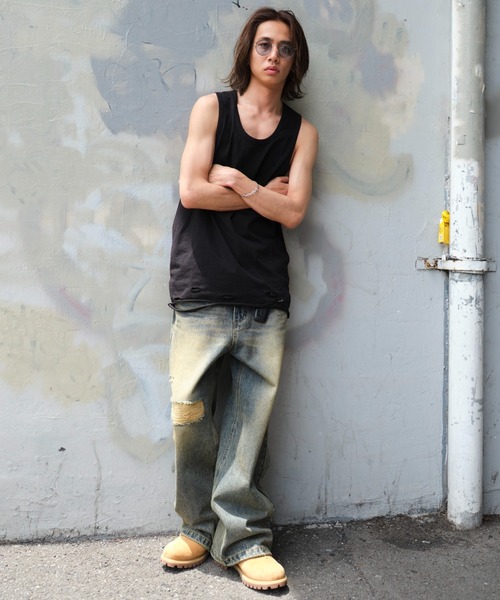 WEGO（ウィゴー）の「WEGO/ダメージタンクトップ（タンクトップ・メンズ・ホワイト/スミクロ/ブラック・LARGE/MEDIUM）」の14枚目の写真