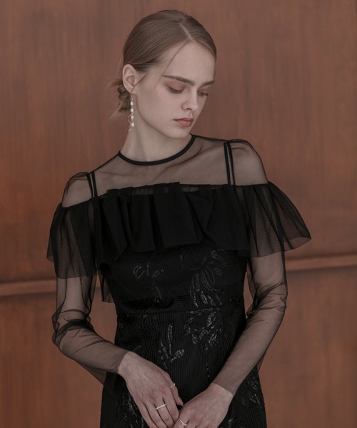 2WAYアシンメトリーフリルチュールフラワーIラインワンピースドレス結婚式二次会 LEJA】2WAYアシンメトリーフリルチュールフラワーIラインワンピース