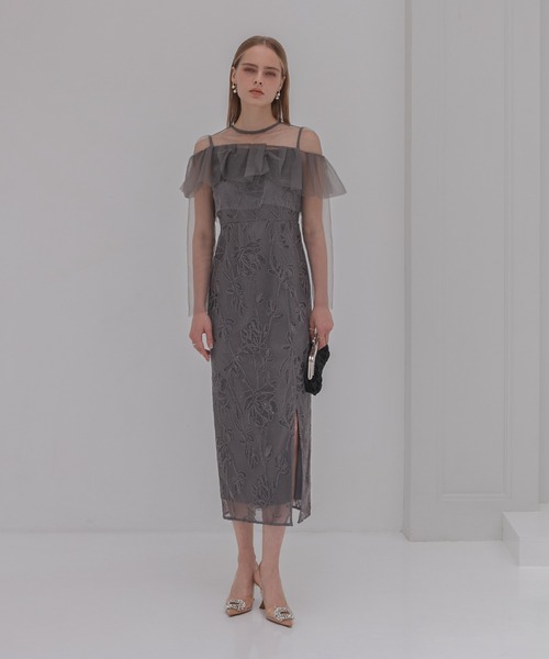 【LEJA】2WAYアシンメトリーフリルチュールフラワーIラインワンピースドレス 当日発送】2WAYアシンメトリーフリルチュールフラワーIライン