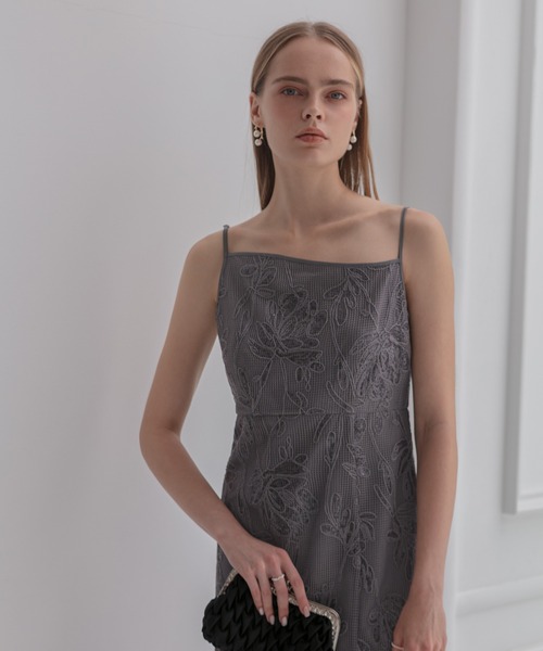 2WAYアシンメトリーフリルチュールフラワーIラインワンピースドレス結婚式二次会 2WAYアシンメトリーフリルチュールフラワーIラインワンピース