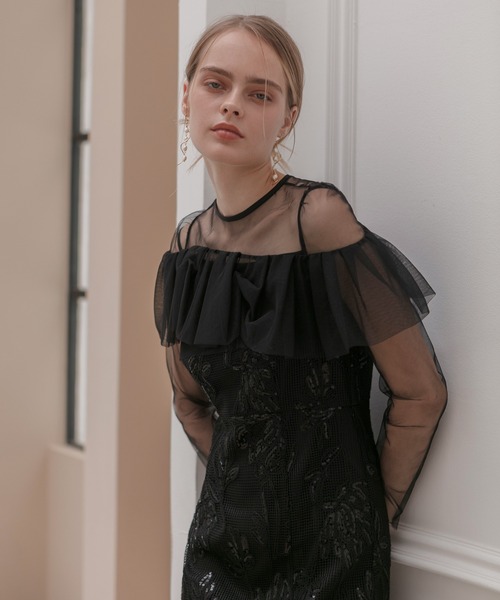 【LEJA】2WAYアシンメトリーフリルチュールフラワーIラインワンピースドレス LEJA】2WAYアシンメトリーフリルチュールフラワーIラインワンピース