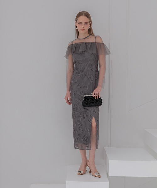 LEJA】2WAYアシンメトリーフリルチュールフラワーIラインワンピース