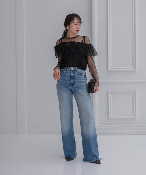 2WAYアシンメトリーフリルチュールフラワーIラインワンピースドレス結婚式二次会 セール】【LEJA】2WAYアシンメトリーフリルチュールフラワーI