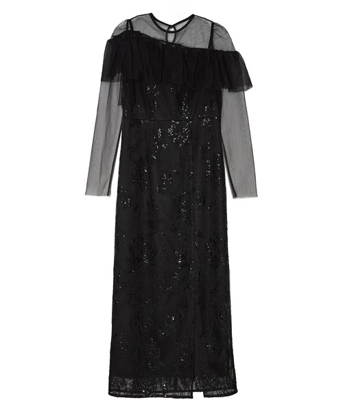 LEJA】2WAYアシンメトリーフリルチュールフラワーIラインワンピース