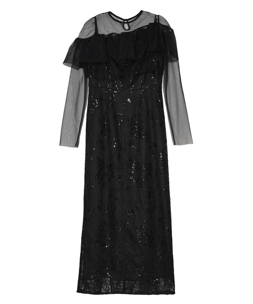 LEJA】2WAYアシンメトリーフリルチュールフラワーIラインワンピース