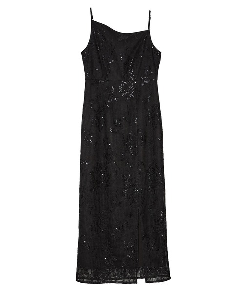 LEJA】2WAYアシンメトリーフリルチュールフラワーIラインワンピース