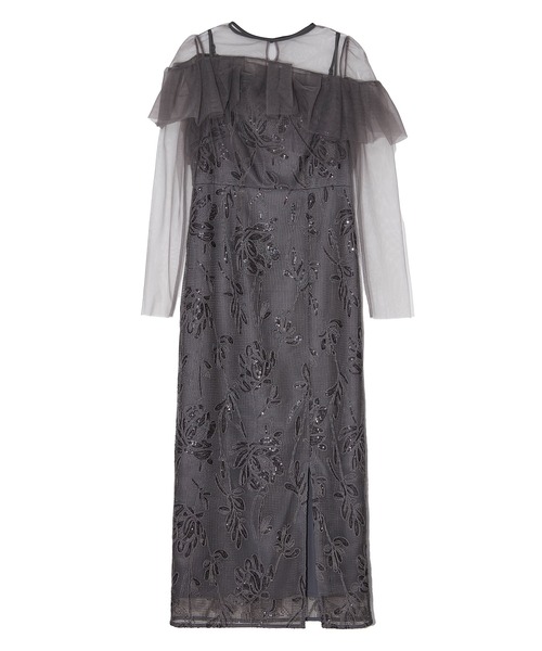 【LEJA】2WAYアシンメトリーフリルチュールフラワーIラインワンピースドレス LEJA】2WAYアシンメトリーフリルチュールフラワーIラインワンピース