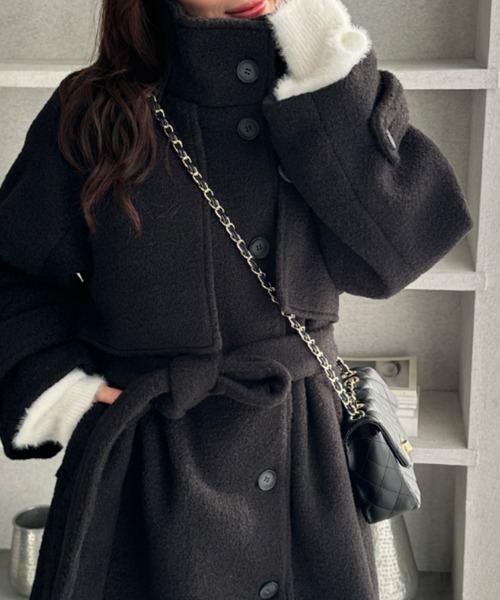 GeeRA（ジーラ）の「2wayウールライクスタンドカラーミドル丈コート（ステンカラーコート・レディース・ブラック/グレー系その他・MEDIUM/LARGE）」の2枚目の写真