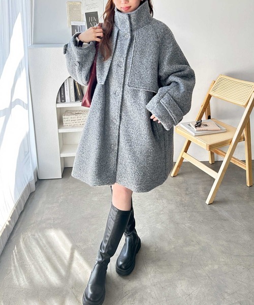 セール】2wayウールライクスタンドカラーミドル丈コート（ステンカラー