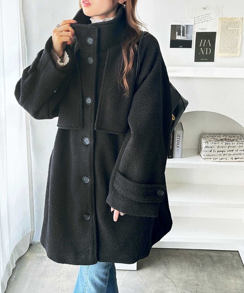 GeeRA（ジーラ）の「2wayウールライクスタンドカラーミドル丈コート（ステンカラーコート・レディース・ブラック/グレー系その他・MEDIUM/LARGE）」の8枚目の写真