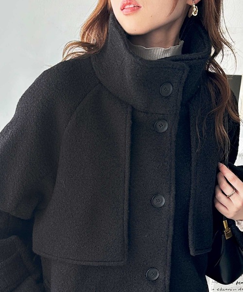 GeeRA（ジーラ）の「2wayウールライクスタンドカラーミドル丈コート（ステンカラーコート・レディース・ブラック/グレー系その他・MEDIUM/LARGE）」の13枚目の写真