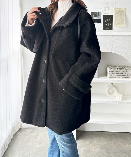 GeeRA（ジーラ）の「2wayウールライクスタンドカラーミドル丈コート（ステンカラーコート・レディース・ブラック/グレー系その他・MEDIUM/LARGE）」の4枚目の写真