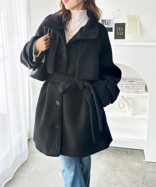 GeeRA（ジーラ）の「2wayウールライクスタンドカラーミドル丈コート（ステンカラーコート・レディース・ブラック/グレー系その他・MEDIUM/LARGE）」の6枚目の写真