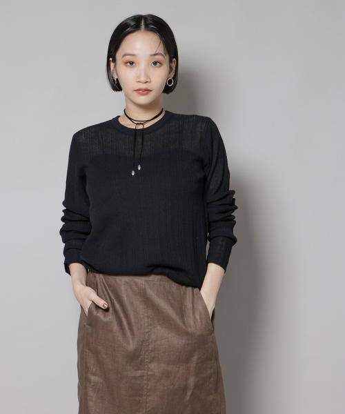 NANO universe（ナノユニバース）の「シアーランダムリブクルーネックニット（ニット/セーター・レディース・ブラック/ライトグレー/ライム・FREE）」の2枚目の写真