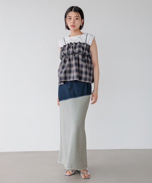 BAYFLOW（ベイフロー）の「[ストレッチ入りで動きやすい]異素材キリカエスカート（スカート・レディース・ブラック/インディゴブルー・FREE）」の3枚目の写真