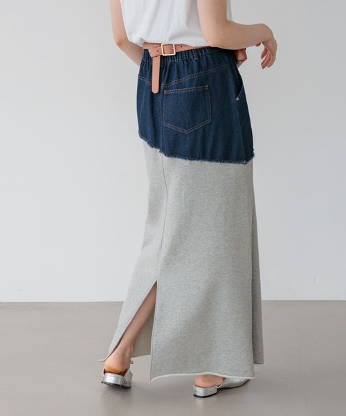 BAYFLOW（ベイフロー）の「[ストレッチ入りで動きやすい]異素材キリカエスカート（スカート・レディース・ブラック/インディゴブルー・FREE）」の7枚目の写真