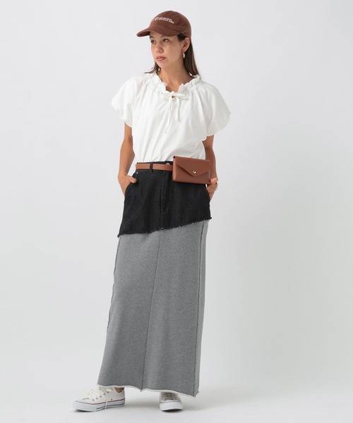 BAYFLOW（ベイフロー）の「[ストレッチ入りで動きやすい]異素材キリカエスカート（スカート・レディース・ブラック/インディゴブルー・FREE）」の8枚目の写真